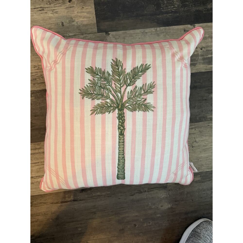 Tommy Bahama Palm Tree Throw Pillow Pink White Striped Coastal 16.5”